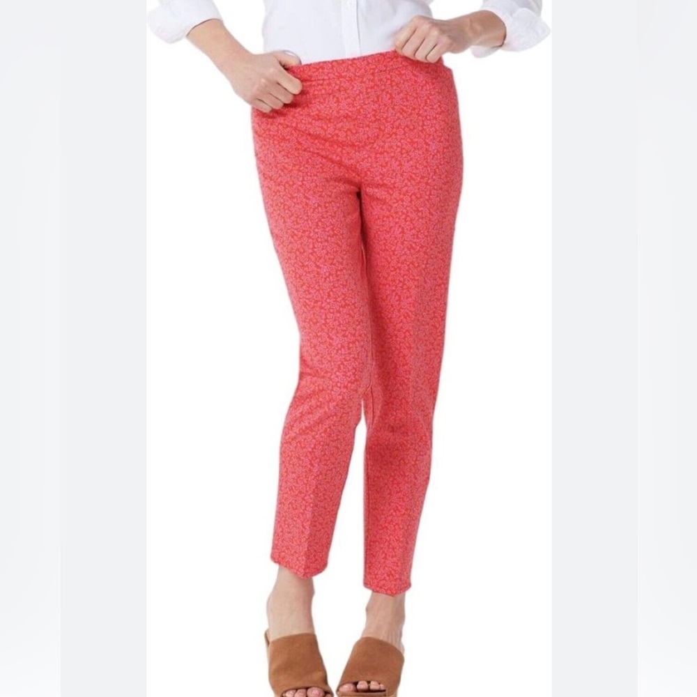 IsaacMizrahiLive Vibrant Orange Floral Pull On Straight Leg Pant Straigh…